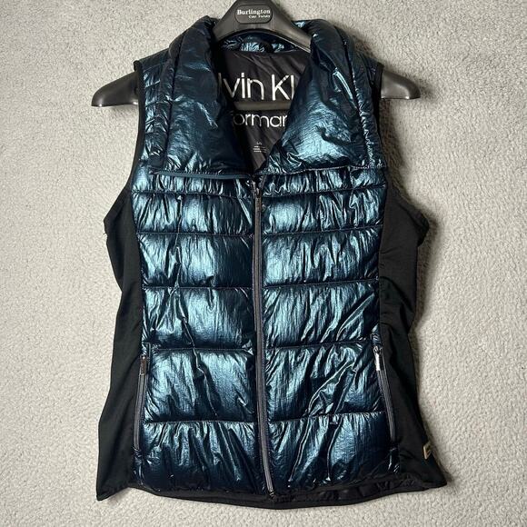 Calvin Klein Vest Womens L Blue Metallic Funnel Neck Puffer Repellent Full Zip - Picture 3 of 11